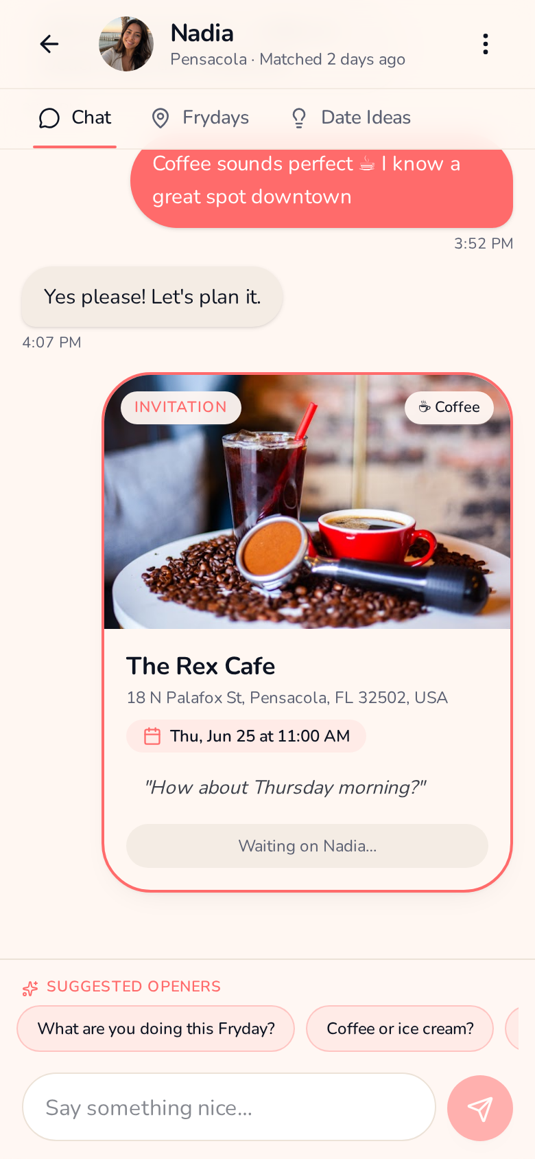 Chat thread with a date invitation card