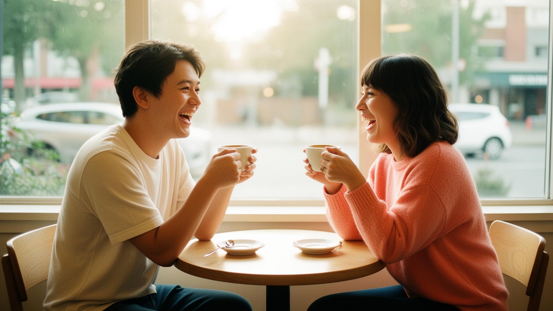 Two people sharing a relaxed coffee date outdoors